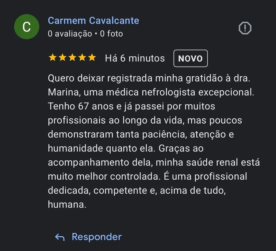 Avaliação no Google de Carmem Cavalcante, 67 anos, agradecendo à Dra. Marina pela paciência, atenção e humanidade no acompanhamento da sua saúde renal